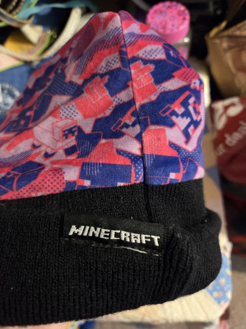 Minecraft Pink & Blue Pom-Top Beanie with Black Cuff 15+ Teen/Adult